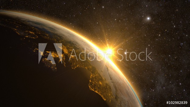 Picture of Planet Earth with a spectacular sunrise view on Europe and Africa